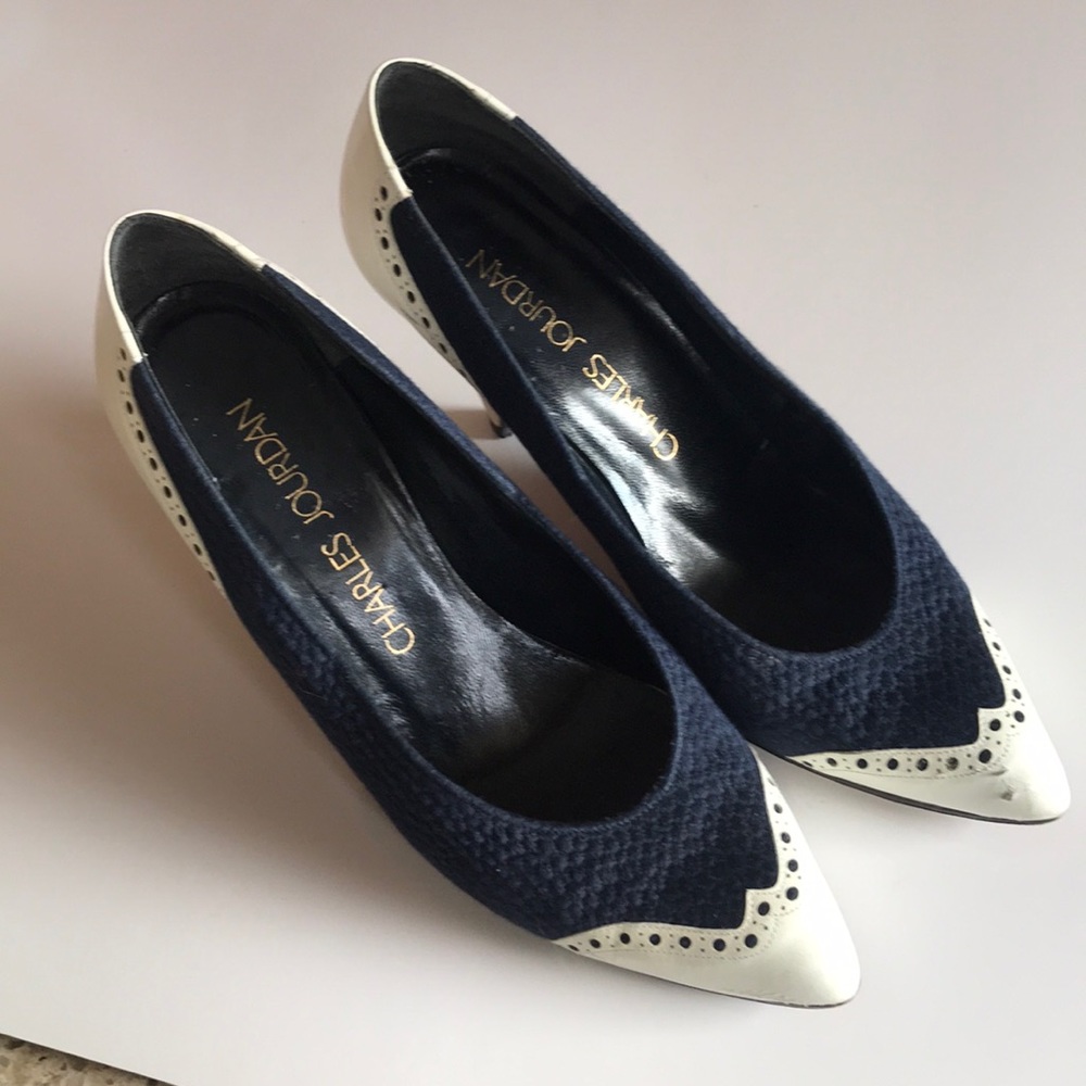 Blue and white pumps